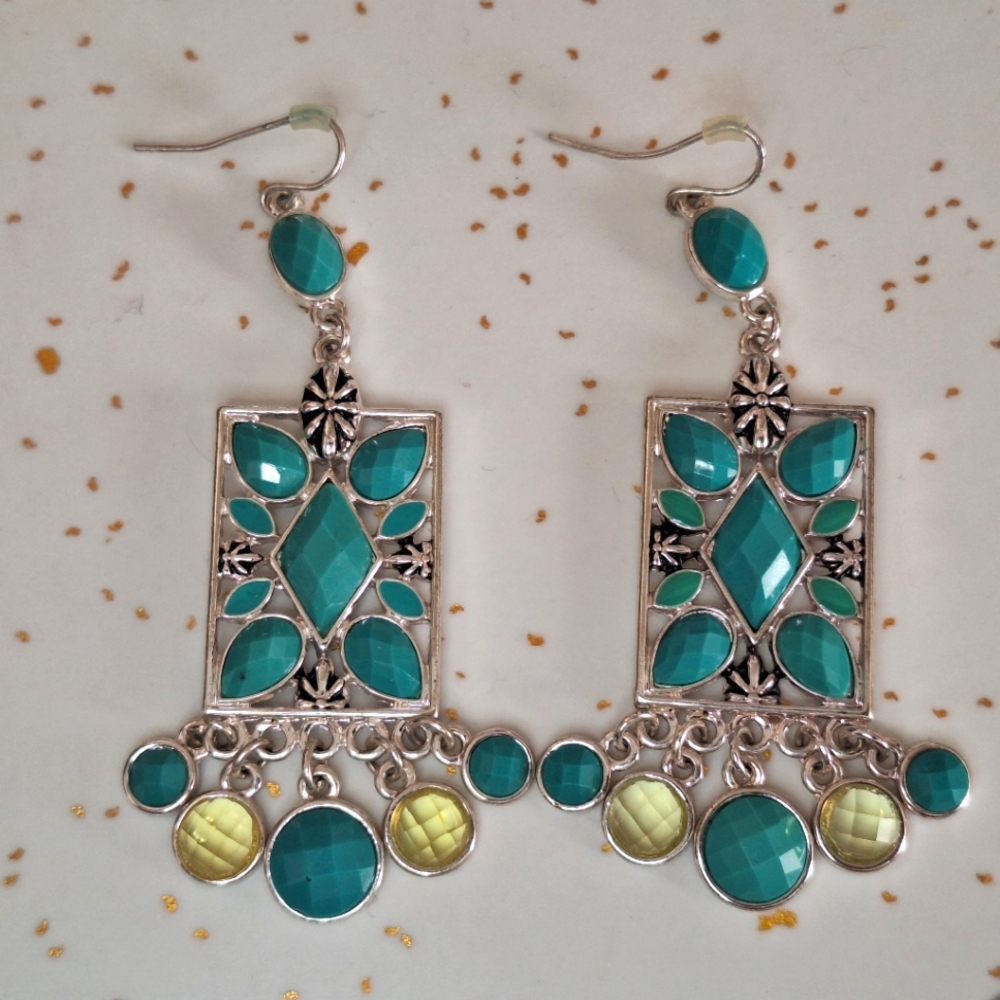 Turquoise & Yellow Faceted Dangle Earrings